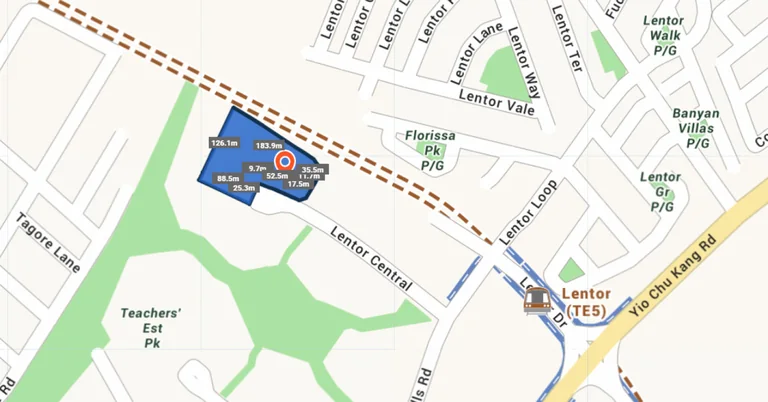 Artist’s impression, illustrative only: map of the Lentor Central parcel shaded blue between the Thomson-East Coast Line and Lentor Central road, with Lentor MRT (TE5) and Yio Chu Kang Road to the east