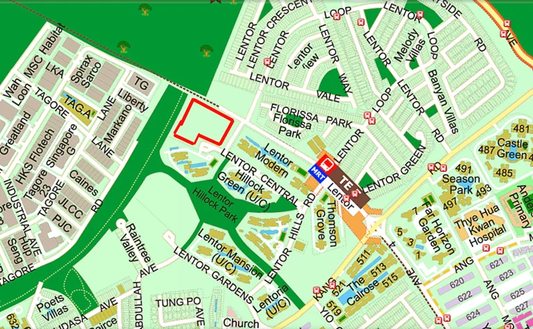 Artist’s impression, illustrative only: street-directory map of the Lentor Hills estate with the Lentor Central parcel outlined in red beside Lentor Modern, Lentor Hillock Park and Lentor MRT on the Thomson-East Coast Line